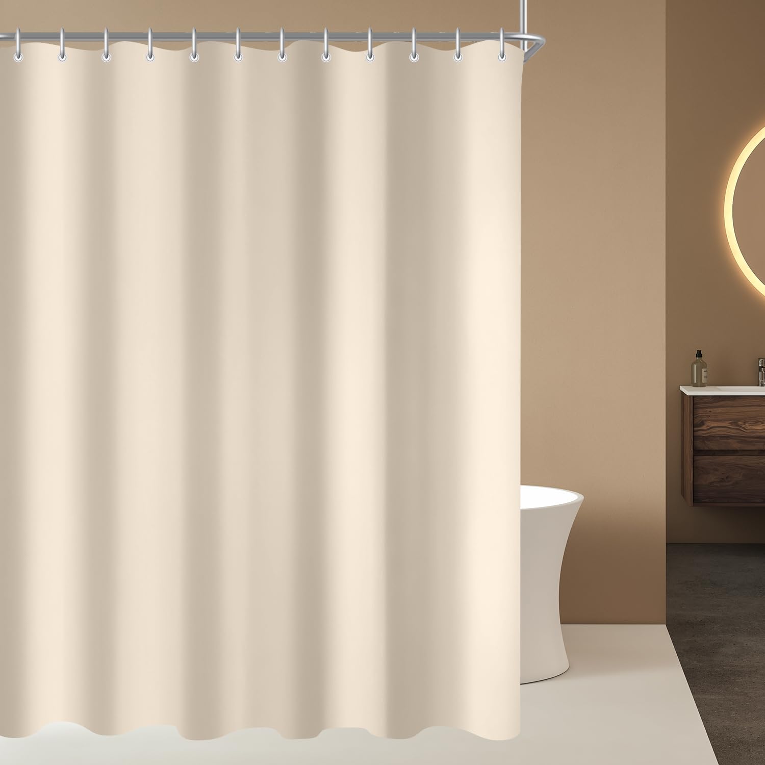 Lerores Shower Curtain 150 x 200 cm(59x78 inch) Beige, Weighted Hem Anti-Mold Textile, Water-Repellent, Washable Polyester Fabric Bath Curtain for Bathroom, Bathtub with 12 Shower Curtain Hooks