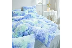 RYNGHIPY Shaggy Fluffy Plush Duvet Cover Set with Pillowcases, Mint Green Furry Rainbow Bedding Set for Kids Girls, Ombre Aqua Teal Comforter Cover (Mint Green,Full)
