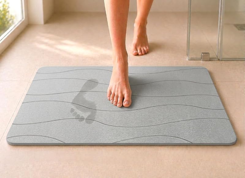 , Alfombra Diatomita Baño, 40x60 cm, Piedra de Secado Rápido, Antideslizante, con Lija, Alfombrilla Rígida Absorbente, Antimoho, para Ducha y Baño (Gris Claro)