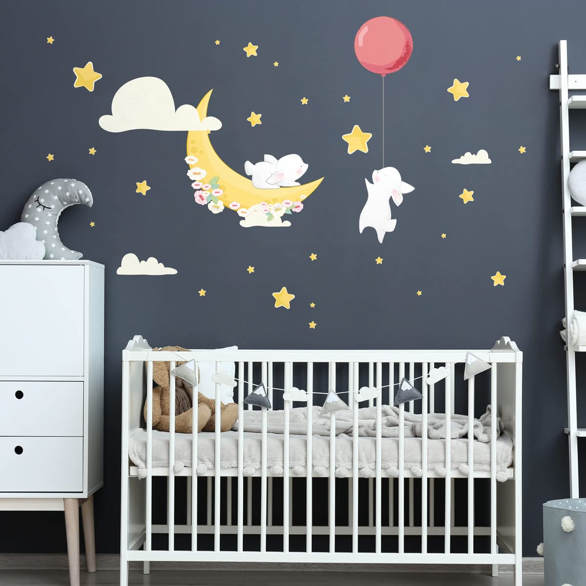 Children's Wall Stickers - Baby Room Decoration - Children's Bedroom Wall Sticker - Rabbit Friends of The Stars and The Moon - H90 x L60 cm