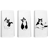 Kemingni Funny Tuxedo Cat Kitchen Towels Set of 3, Cat Lover Mom Dad Gifts, Pet Lover Gifts, Funny Black and White Kitty Decorative Hand Dish Tea Towels for Bathroom Kitchen, 16x24 Inch