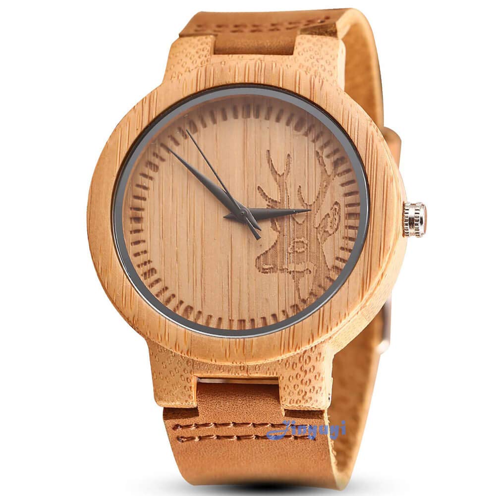 GORBEN Men's Quartz Watch with Leather Strap Deer and Elephant Design Lightweight Wooden Watch for Men, Gorben014, Strap