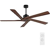 WINGBO 72" DC Ceiling Fan No Light with 3 Downrods, 5 Carved Solid Wood Blades, 6-Speed Reversible DC Motor, Large Ceiling Fan without Lights in Matte Black Finish with Walnut Blades