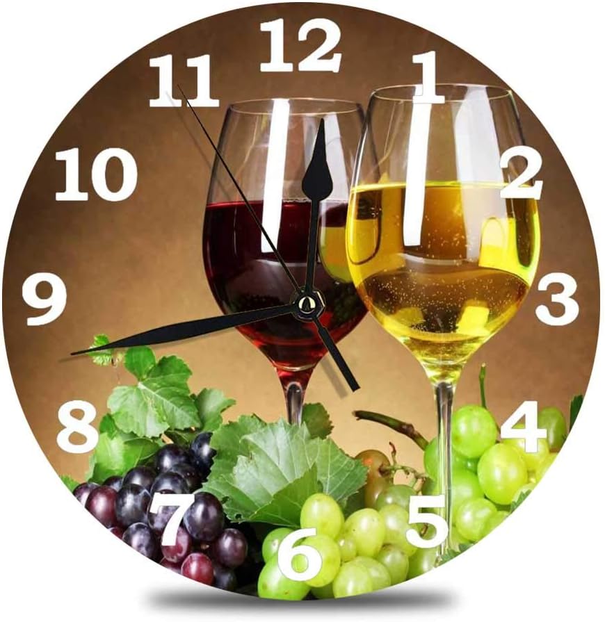 Grape and Wine Wall Clock Silent Round Wall Clock Non Ticking Battery Operated Creative Decorative Desk Clock for Living Room Bedroom Office Kitchen Home Decor.10in.Idea for Christmas