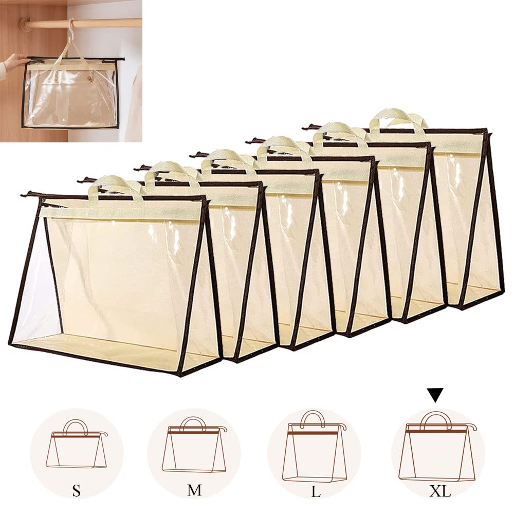 6PCS Dust Bags for Handbags Clear Purse Storage Organizer Non-Woven Hanging Bag Closet with Zipper and Handle (XL Cream Color) (Cream)