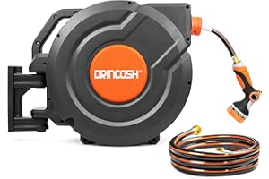DRINCOSH 1/2'' x 100 ft Retractable Garden Hose Reel, Wall Mounted Water Hose Reel, Any Length Lock/Slow Return System/180°Swivel Bracket w/ 10-Pattern Nozzle
