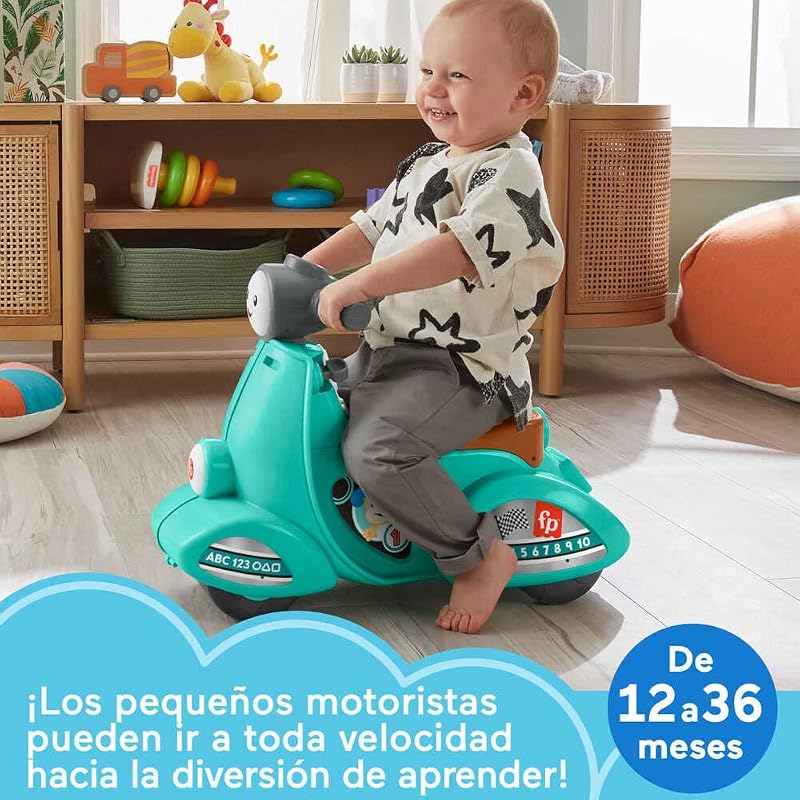Fisher-price rir e aprender scooter de motocicleta brinquedo de passeio com sons, bebês +1 ano, espanhol + italiano + francês + inglês + alemão + versão holandesa (hmv76)