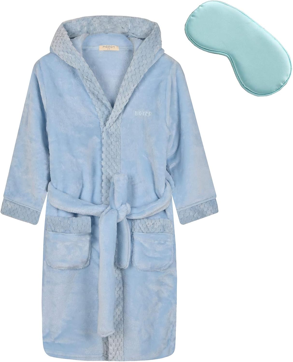 Boys Girls Robe Soft Hooded Flannel Bathrobes for Kids with Silk Eye Sleep Mask Size 4-12: Clothing