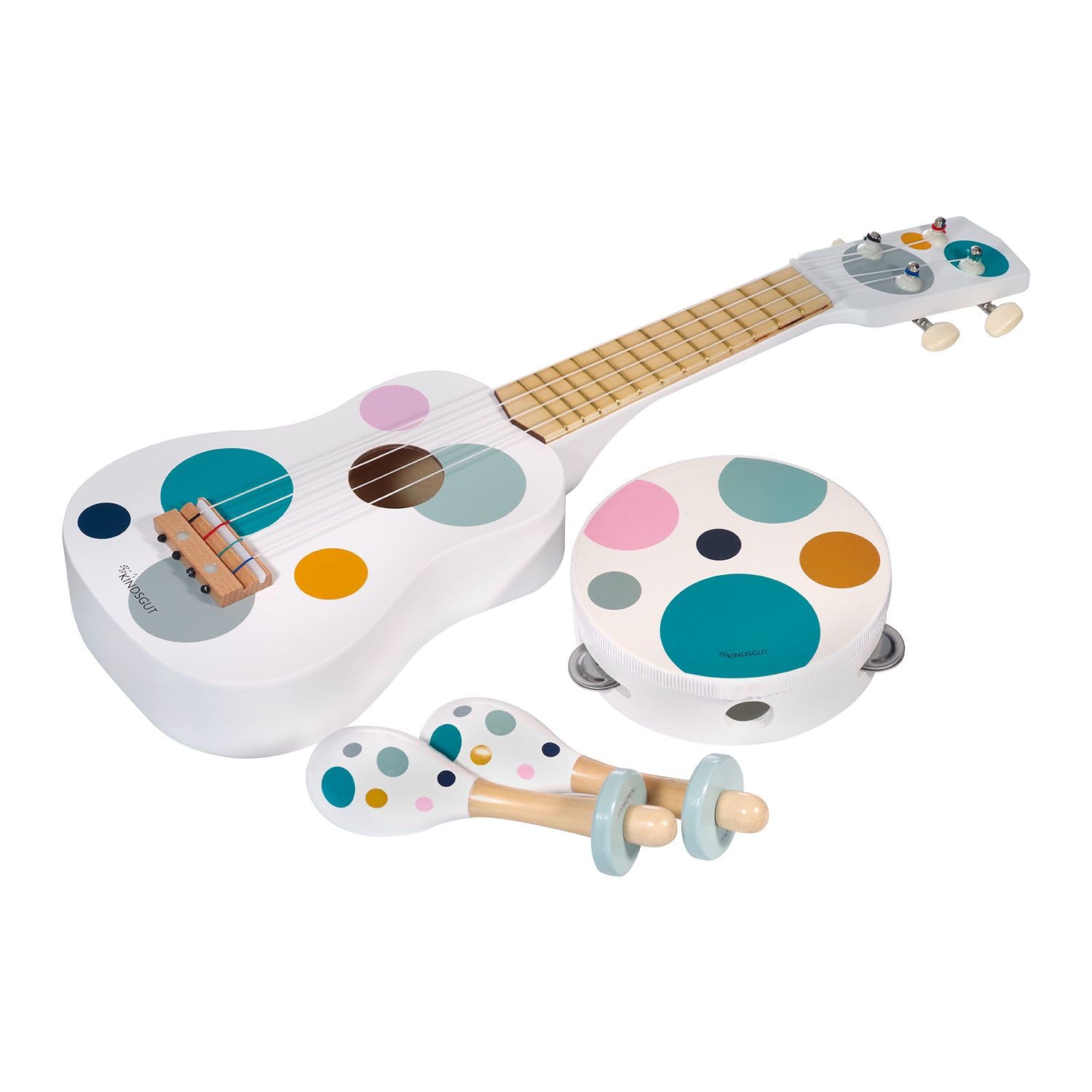 Kindsgut musical instrument set with guitar, rattles, and tambourine, subtle and modern colours, environmentally friendly material, free of harmful substances, dots