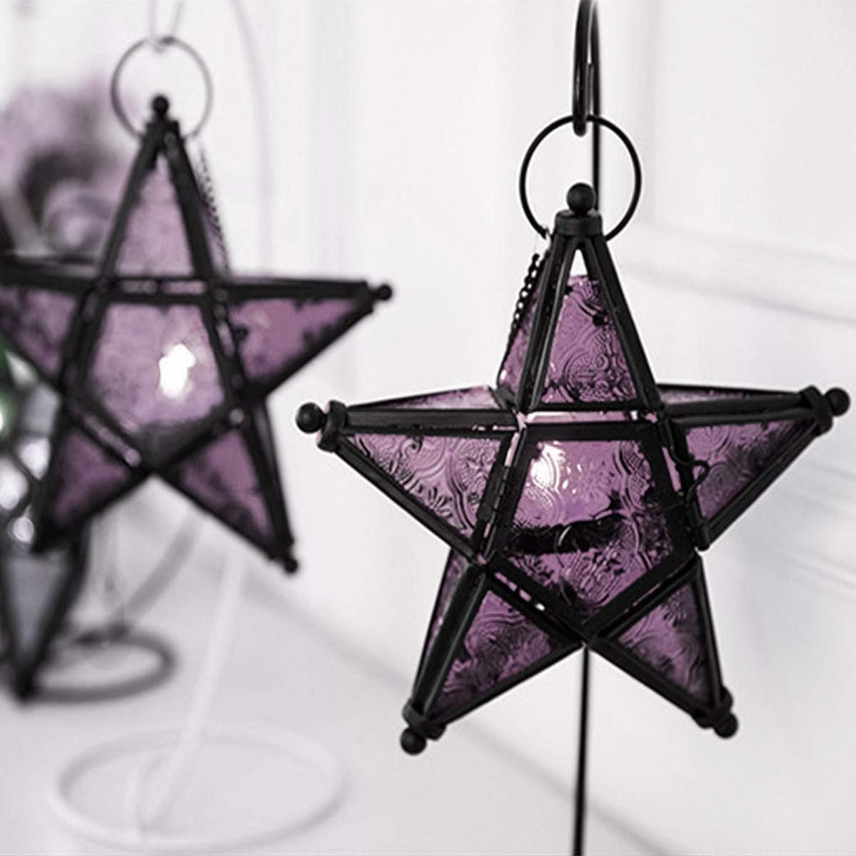 Uonlytech Hanging Purple Star Glass Candle Lantern Hanging Retro Candle Holder Wedding Birthday Party Candles Decoration Decorative Candle Lanterns Co Home Decor