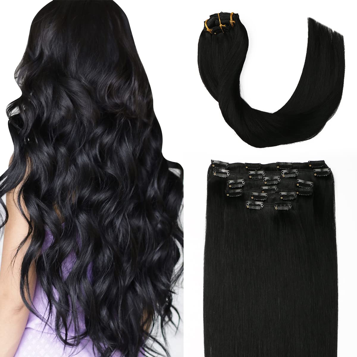 Sindra Clip in Hair Extensions 100g 14 Inch 6pcs Jet Black Real Human Hair Clip in Extensions for Women Straight#1,14" — image 1