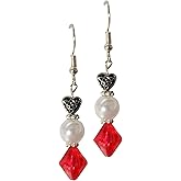 Red Crystal Pearl Silver Heart Earrings - Heart Valentine's Day Birthday Mother's Day Gift - Handmade Dangles