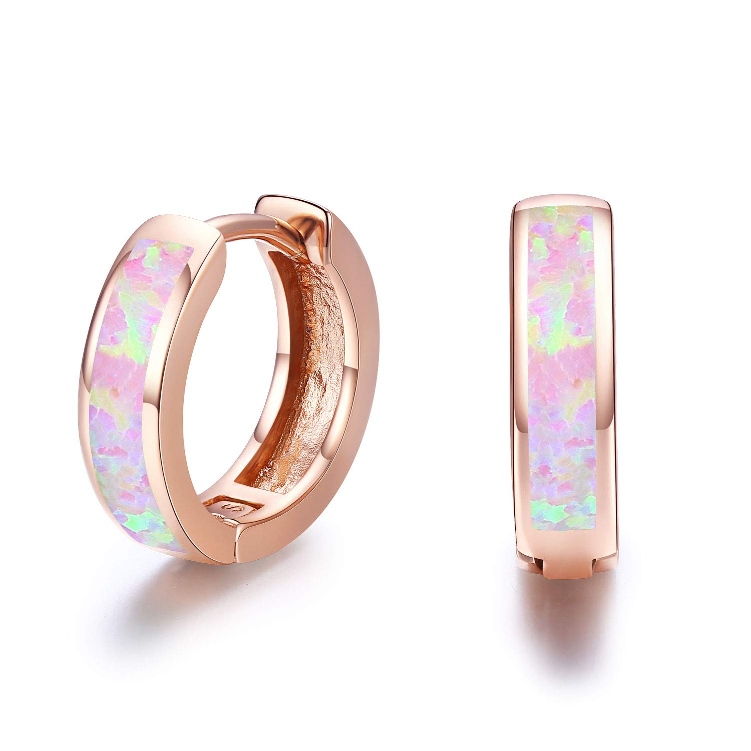 CUOKA MIRACLE Small Hoop Earrings 925 Sterling Silver 18k Rose Gold Plated Huggie Earrings for Women Hinged Hoop Cute Pink Opal Earrings Gift for Girls Stud Earring for Kids