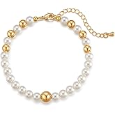 vevelota Pearl Bracelet for Women 18K Gold Plated Beaded Link Chain Dainty Bracelet with Simulated Pearl Trendy Stack