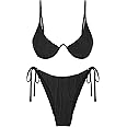 ZAFUL Women's Bikini Sets Ribbed Two Piece Swimsuits Underwire Adjustable Back Clasp Bathing Suit Side Tie Thong Swimwear