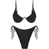 ZAFUL Women's Bikini Sets Ribbed Two Piece Swimsuits Underwire Adjustable Back Clasp Bathing Suit Side Tie Thong Swimwear