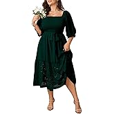 SHESTARR Women's Plus Size Wedding Guest Dress 3/4 Sleeve Square Neck Smocked Empire Waist Tie Boho Eyelet Maxi Long Dresses