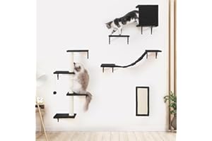ESOTTE Modern Wall-Mounted Cat Furniture - 5pcs Cat Wall Shelves, Wooden Climber Includes House, Bridge, Tree, Steps, and Scratcher (Black)