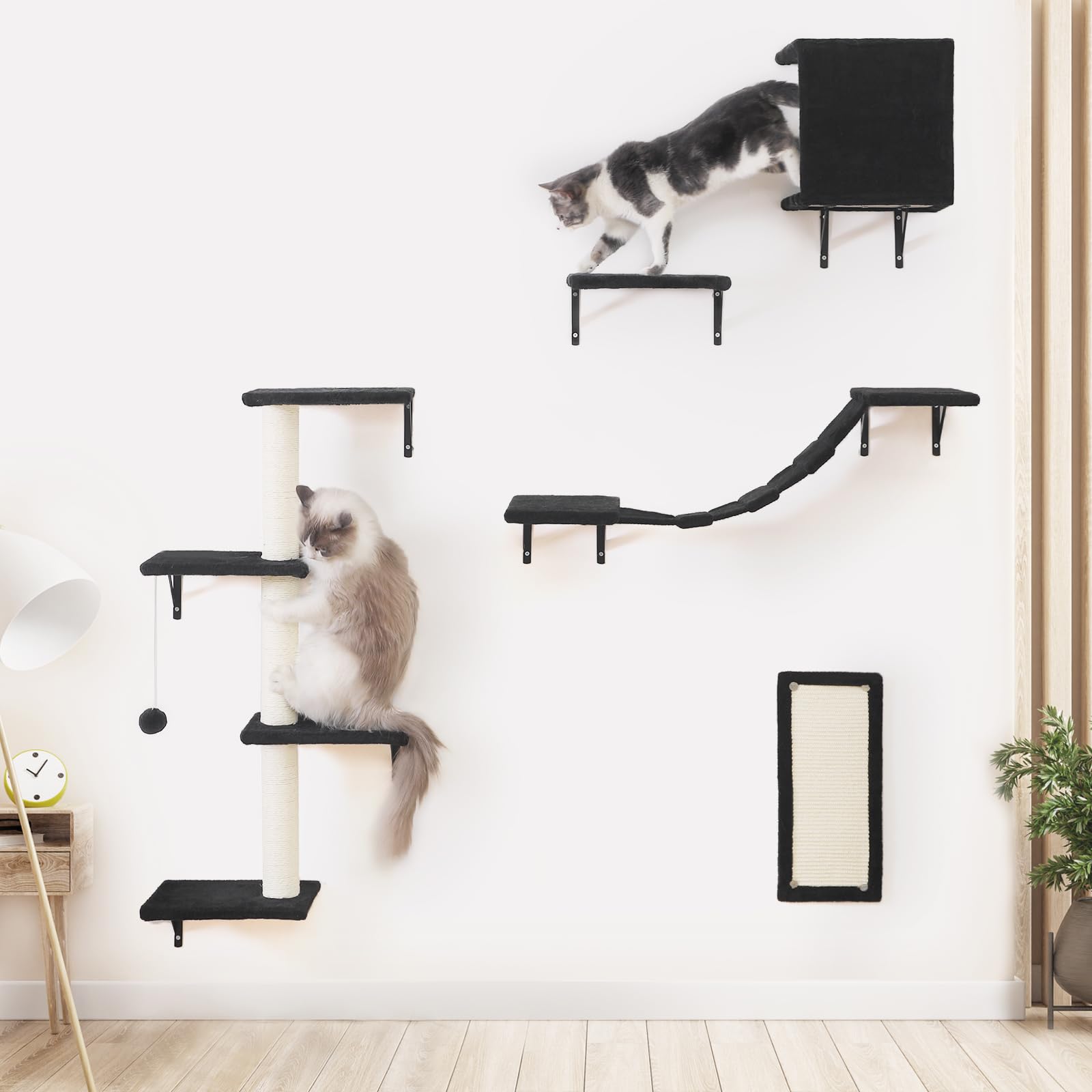 Photo 1 of Modern Wall-Mounted Cat Furniture - 5pcs Cat Wall Shelves, Wooden Climber Includes House, Bridge, Tree, Steps, and Scratcher (Black)