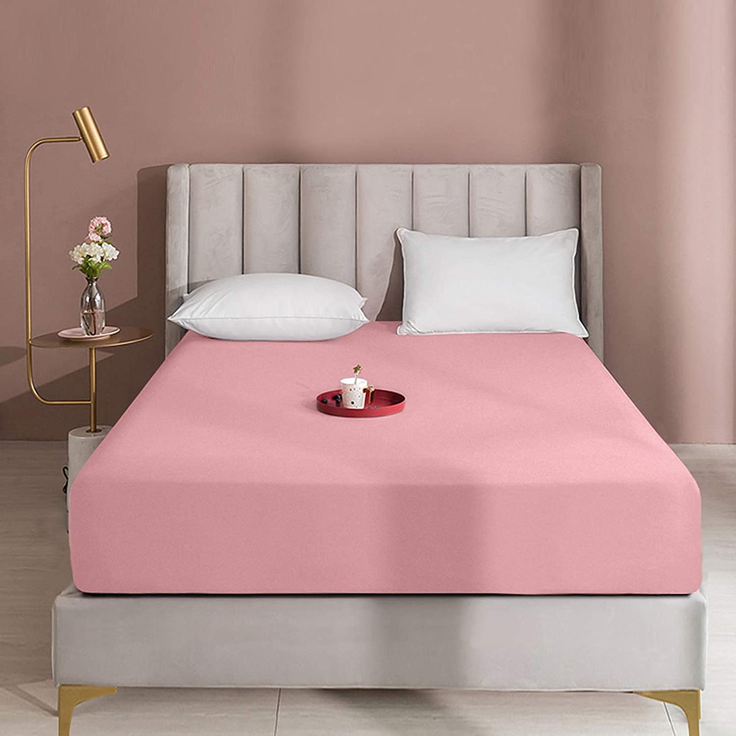 Queens Land Home Extra Deep 16"(40cm) Non Iron Percale Plain Pollycotton Fitted Sheet-(Super King, Pink) — image 1