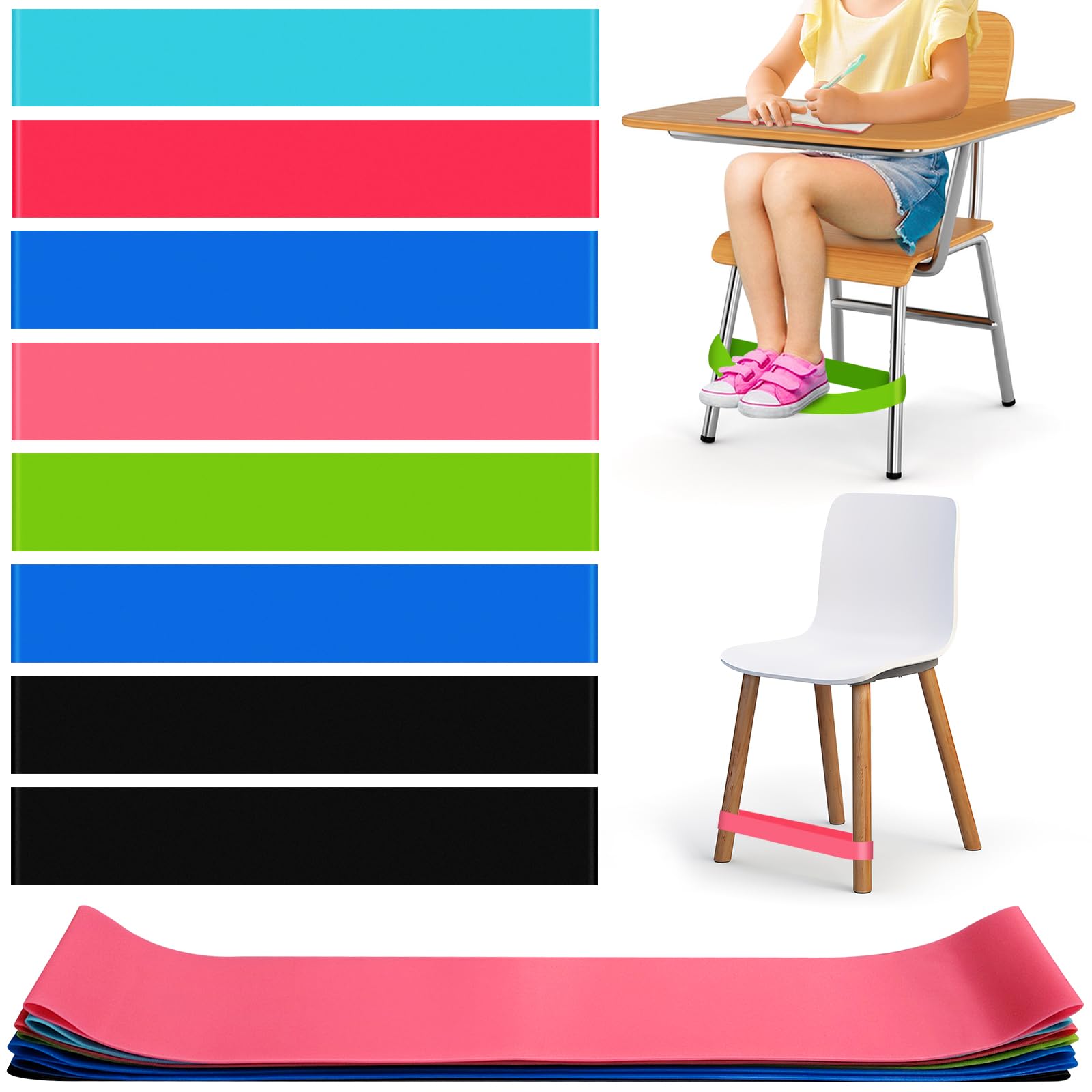Photo 1 of 8 Pack Chair Bands for Kids with Fidgety Feet ADHD Tools, ROOKEA Fidget Chair Band for Sensory Improve Focus & Reduce Restlessness, Classroom Home Must Haves for ADHD ADD Autism, Alternative Seating