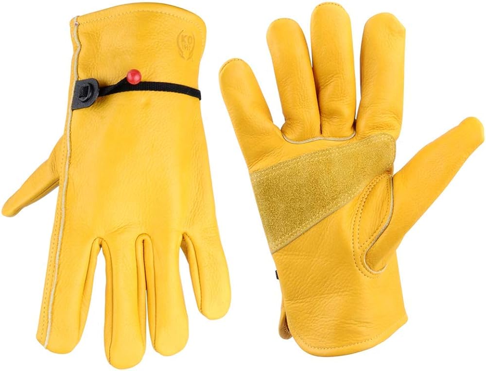 Leather Work Gloves, with Adjustable Wrist Closure，Men Large Yellow，For Construction