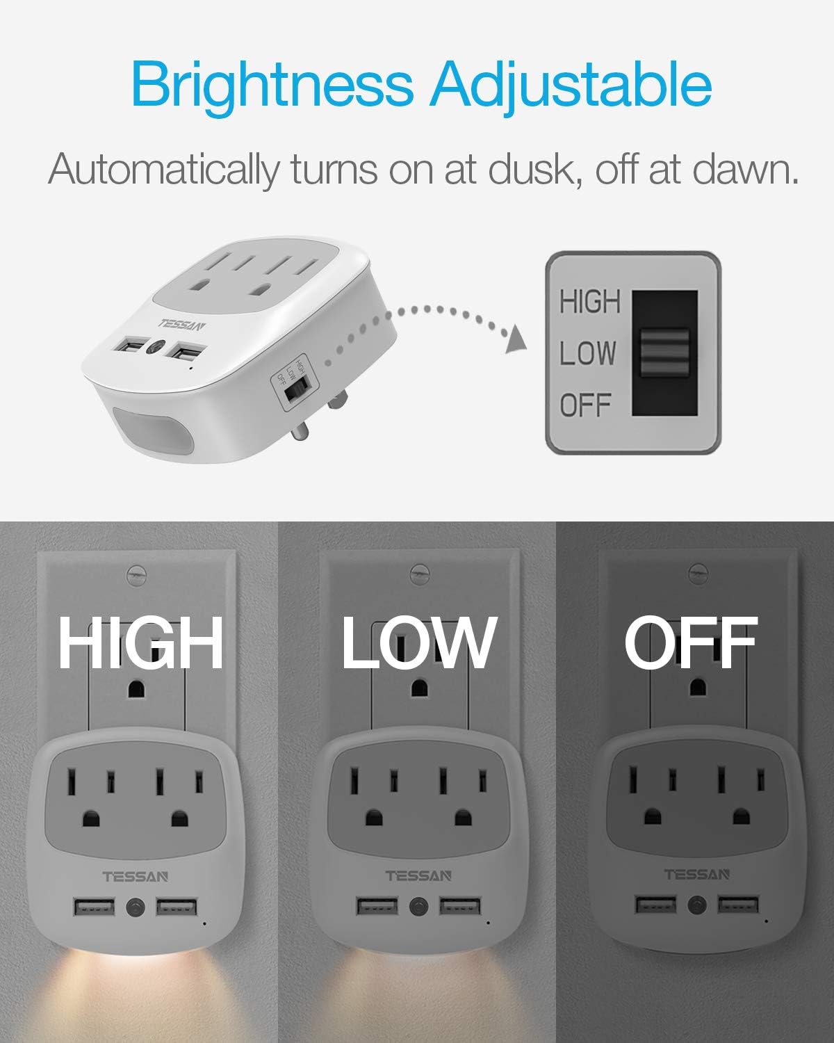 USB Outlet Plug Extender, TESSAN Power Outlet Expander with USB Wall Charger and Night Light Adapter for Travel Cruise Essentials, Mini Phone Charger with Multiple Outlet Splitter - - 