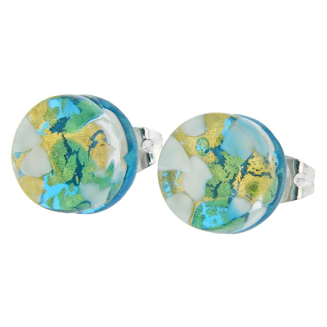Glass Of Venice Murano Glass Venetian Reflections Round Stud Earrings - Aqua Gold