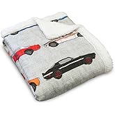 Lush Decor Cars Throw | Fuzzy Reversible Sherpa Blanket with Racing Print Design for Kids-60” x 50, Blue & Orange