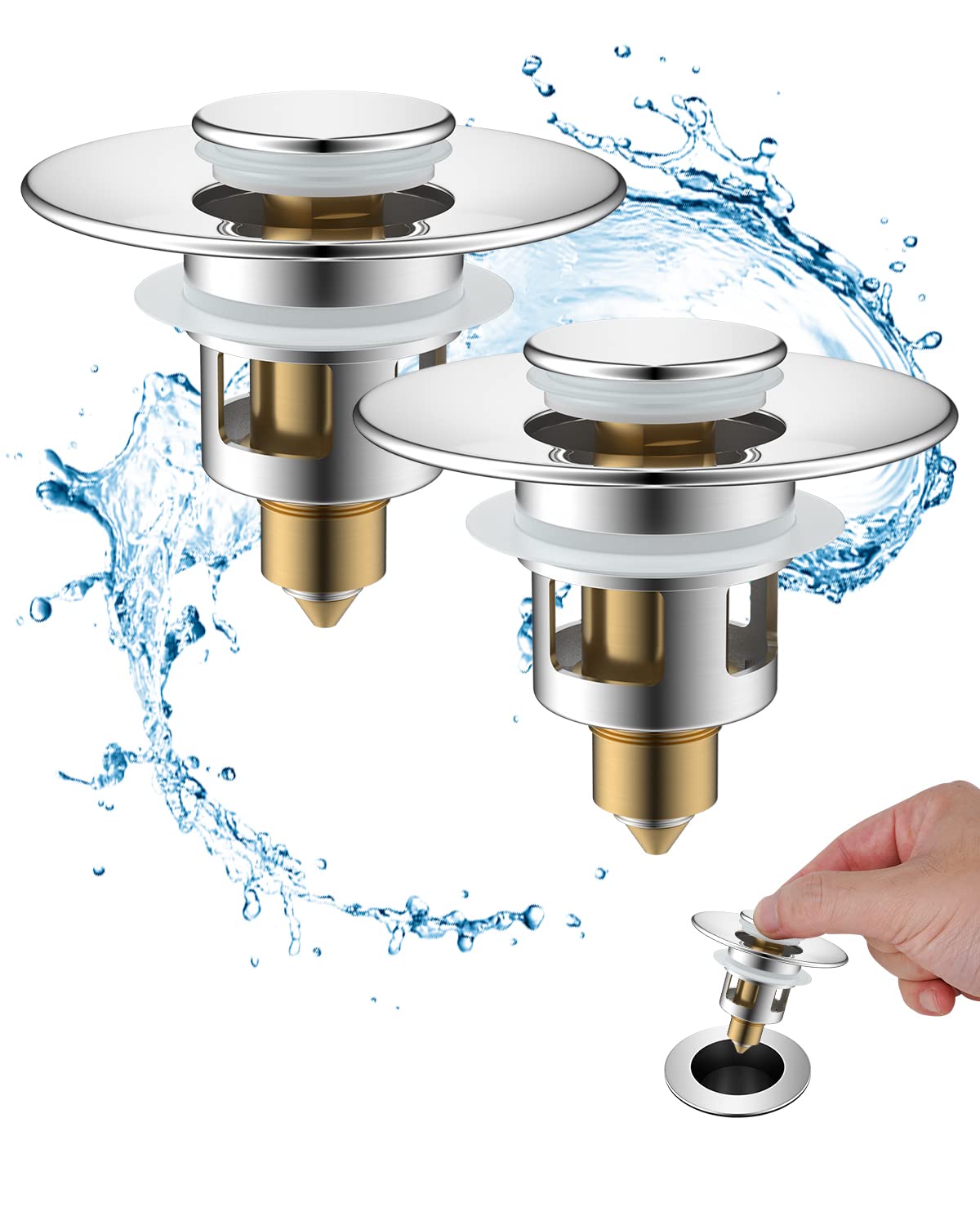 Hibbent 2PCS Sink Plug,Pop up Sink Plugs with Drain Strainer, Brass Bounce Core Push-Type Drain Plug, Universal Sink Stopper Replacement for Bathroom and Kitchen,Suitable for 25mm to 46mm,Chrome