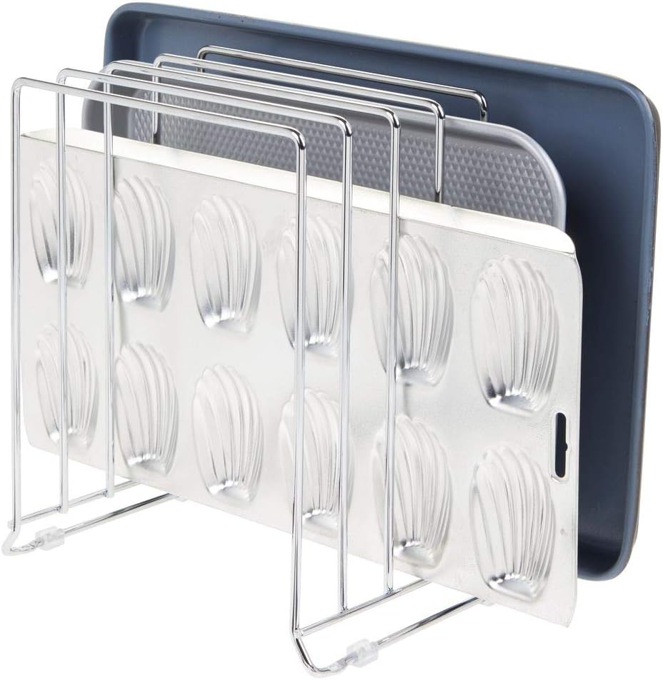 mDesign Large Metal Wire Organizer Rack for Kitchen Cabinet, Pantry, Shelves - Organizer Holder with 5 Slots for Skillets, Frying Pans, Lids, Cutting Boards, Vertical or Horizontal Placement - Chrome: Kitchen & Dining