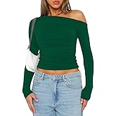 ForeFair Women Sexy Off The Shoulder Long Sleeve Tops Y2k Ruched Going Out Tops Slim Fit Fall T-Shirts