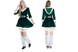 SAEWTINOR 4PCS Mrs Santa Costume Women,Deluxe Claus Costume for Women with Hooded Dress, Belt Stockings Leg Covers