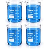JOLABEAR 4-Pack 1000 mL 3.3 Borosilicate Glass Lab Beakers, Low Form | White graduations, formed pouring spouts, wide mouths, stable bases, custom-molded EPE foam packaging