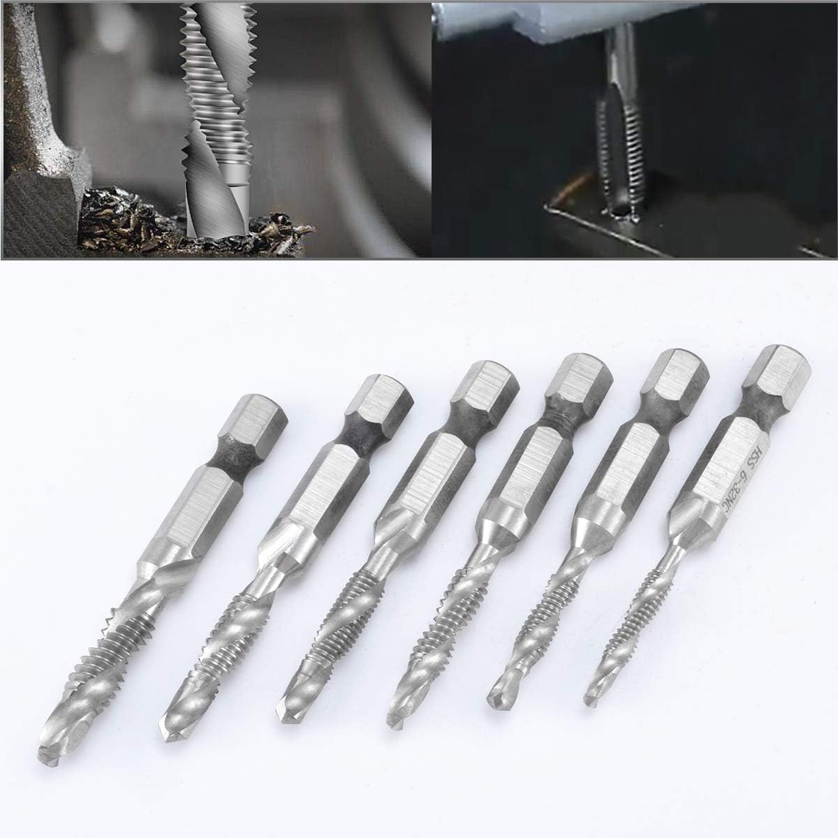HOHXEN 6pcs Spiral Flute Metric Taps Set[Titanium Coated HSS],Hex Shank Combination Drill and Tap Bit, Screw Tapping Tool for Pulling Groove, Boring or Cutting
