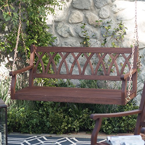 Classically Curved 4 ft. Porch Swing Crafted From Eucalyptus Wood In Dark Brown Weather Resistant Finish