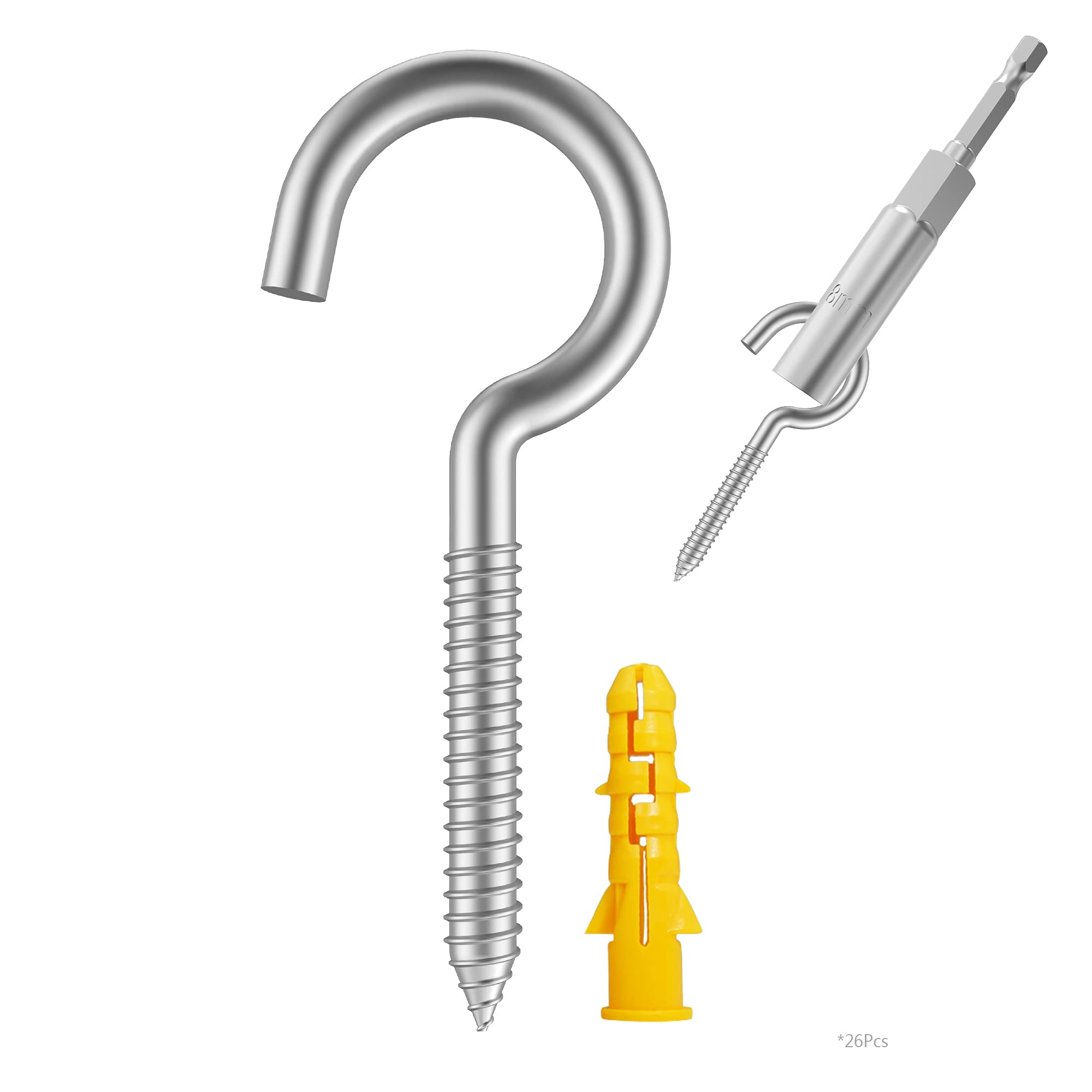 HXLPAY 304 Stainless Steel Screw-in Hooks, Metal Hooks, Heavy-Duty Screw Eye Hooks, Wood Terminal Ring Eye Hooks, Christmas Lighting Hook. (26 pcs +1 pcs 1/4" hex Shank Wing nut Driver)