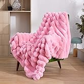 KayWing Faux Fur Throw Blanket: Pink Reversible Fuzzy Plush Rabbit Wide Strip Fleece - Luxury Fluffy Blanket for Home Aesthetics Enthusiast Age 25-40 - Throw Size 50"x 60"