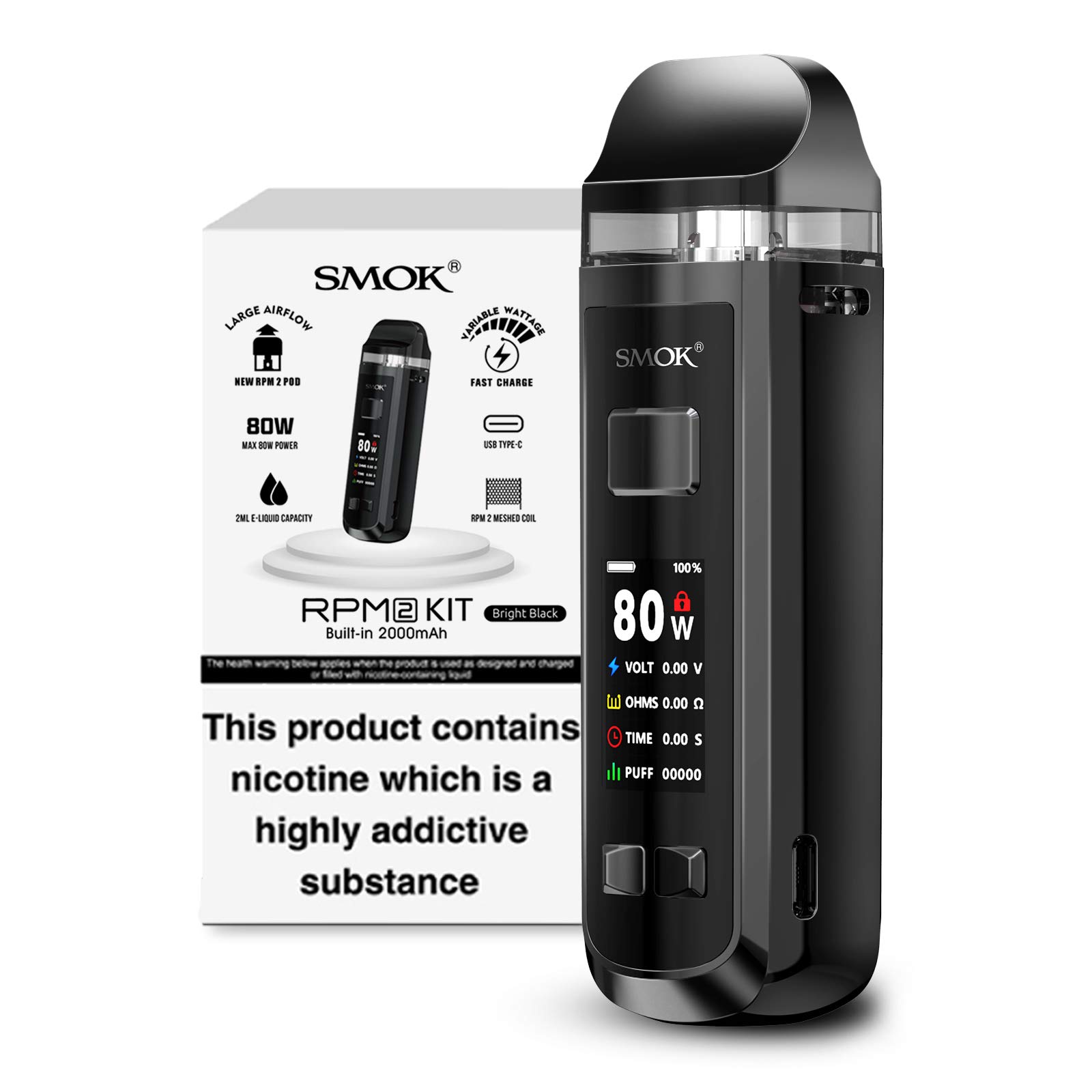 SMOK RPM 2 Vape Kit [Bright Black] - Rechargeable, Powerful, Versatile, Sleek Design, Advanced Features, Exceptional Performance, 2mL Capacity, E Cigarette, E Cig, Starter Kit, No Nicotine No Liquid