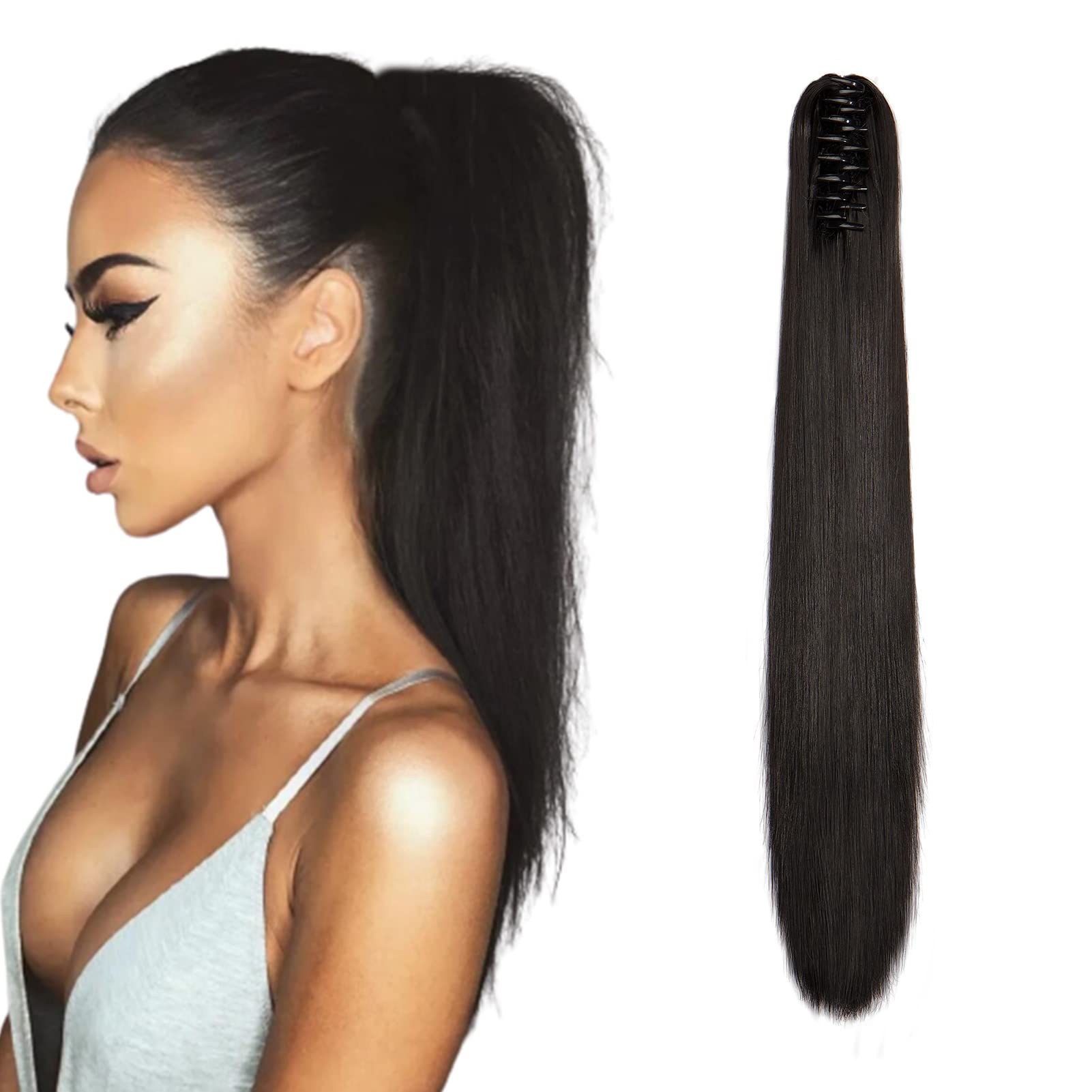 Cybelleza Long Straight Ponytail Extensions Dark Brown Claw on Ponytail Clip in Hair Extension Pony Tails Synthetic Hairpieces for Women, 22inch