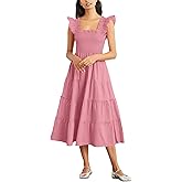 Rooscier Women's Square Neck Smocked Ruffle Sleeveless Tiered A Line Sundress Midi Dress