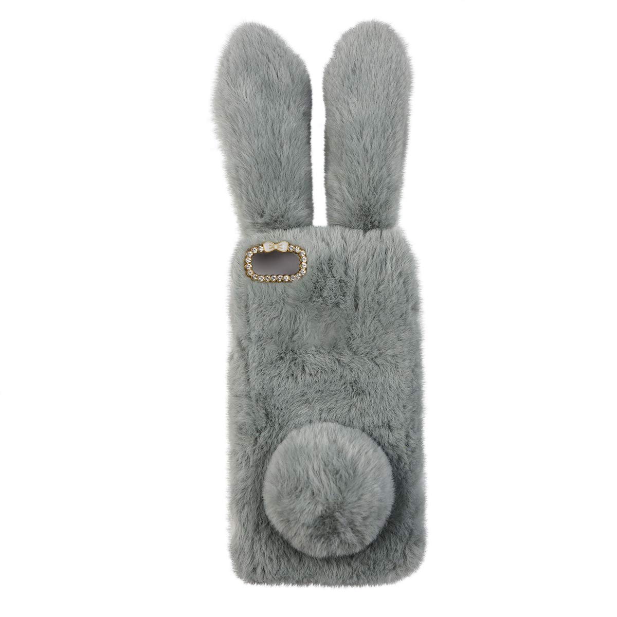 Grey Plush Bunny Furry Phone Case for SE 2020/7/8, Cute Stuffed Animal Plush Fluffy Case for girl, Soft cozy faux protective Cover for 7/8/SE 2 New