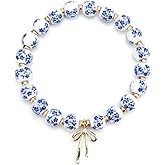Beads Bow Vintage Charm Bracelet for Women,Crystal Butterfly Handmade Stretch Gold Beaded Bracelet,Dainty Romantic Bow Jewelry,Birthday Gifts,Blue and White Porcelain Jewelry