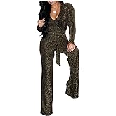 LightlyKiss Women Casual Sexy V Neck Sparkly Jumpsuits Long Sleeve Onesie Loose Pants Party Clubwear with Belt