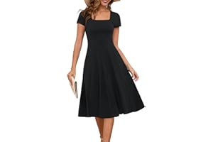 Annebouti Womens Spring Summer 2025 A-Line Square Neck Short Sleeve Semi-Formal Casual Work Midi Dress with Pockets