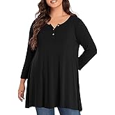OVERWORETY Plus Size Tops for Women 3/4 Sleeve Henley V Neck Button Tunics Casual Loose Swing Shirts for Leggings