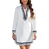 YEXPINE Women's Color Block Shift Mini Dress Long Sleeve V Neck Casual Tunic Dress