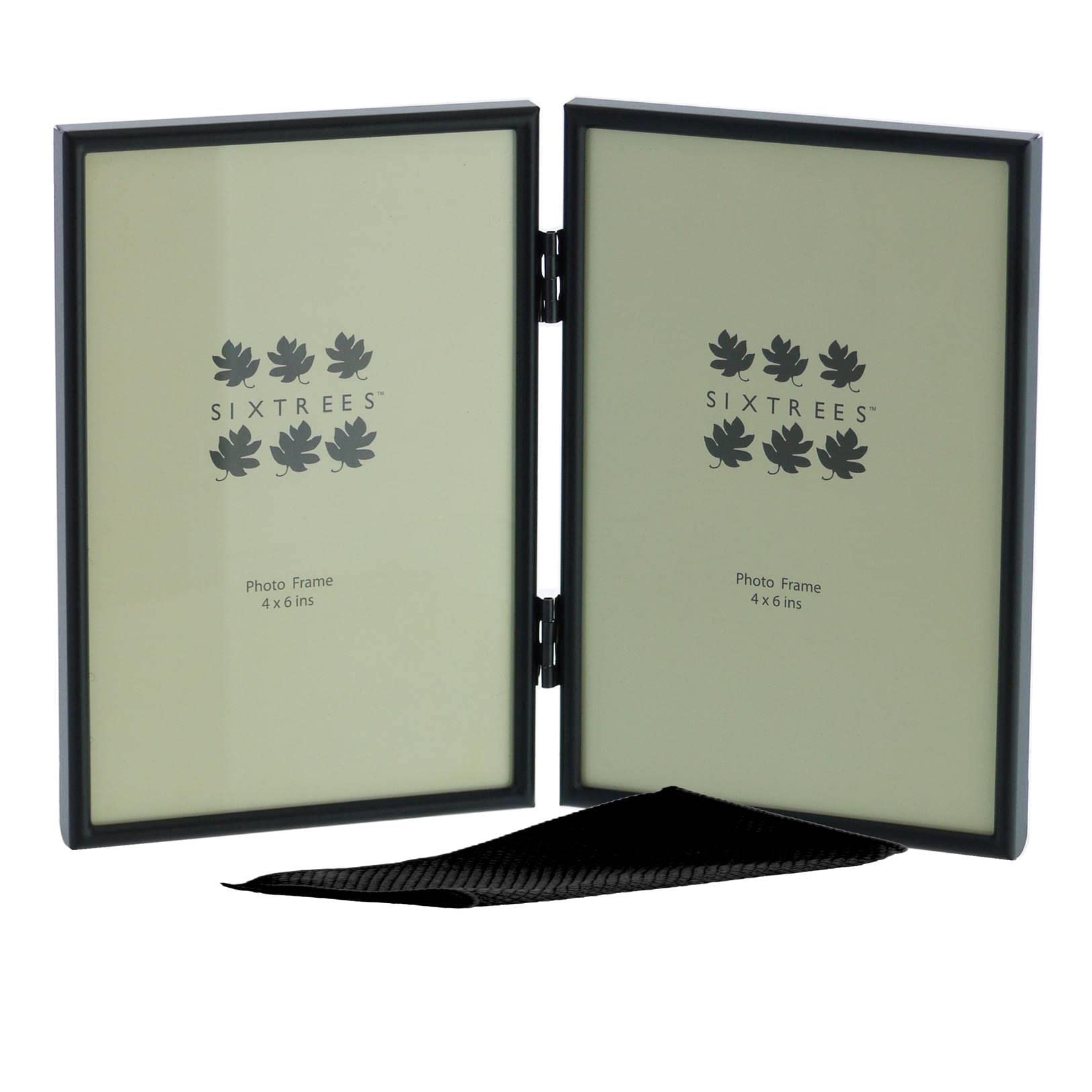 Sixtrees Cambourne 3-400-04 Black Metal Folding Photo Frame for two 6x4 inch (152mm x 102mm) Pictures - Complete with microfibre polishing cloth.