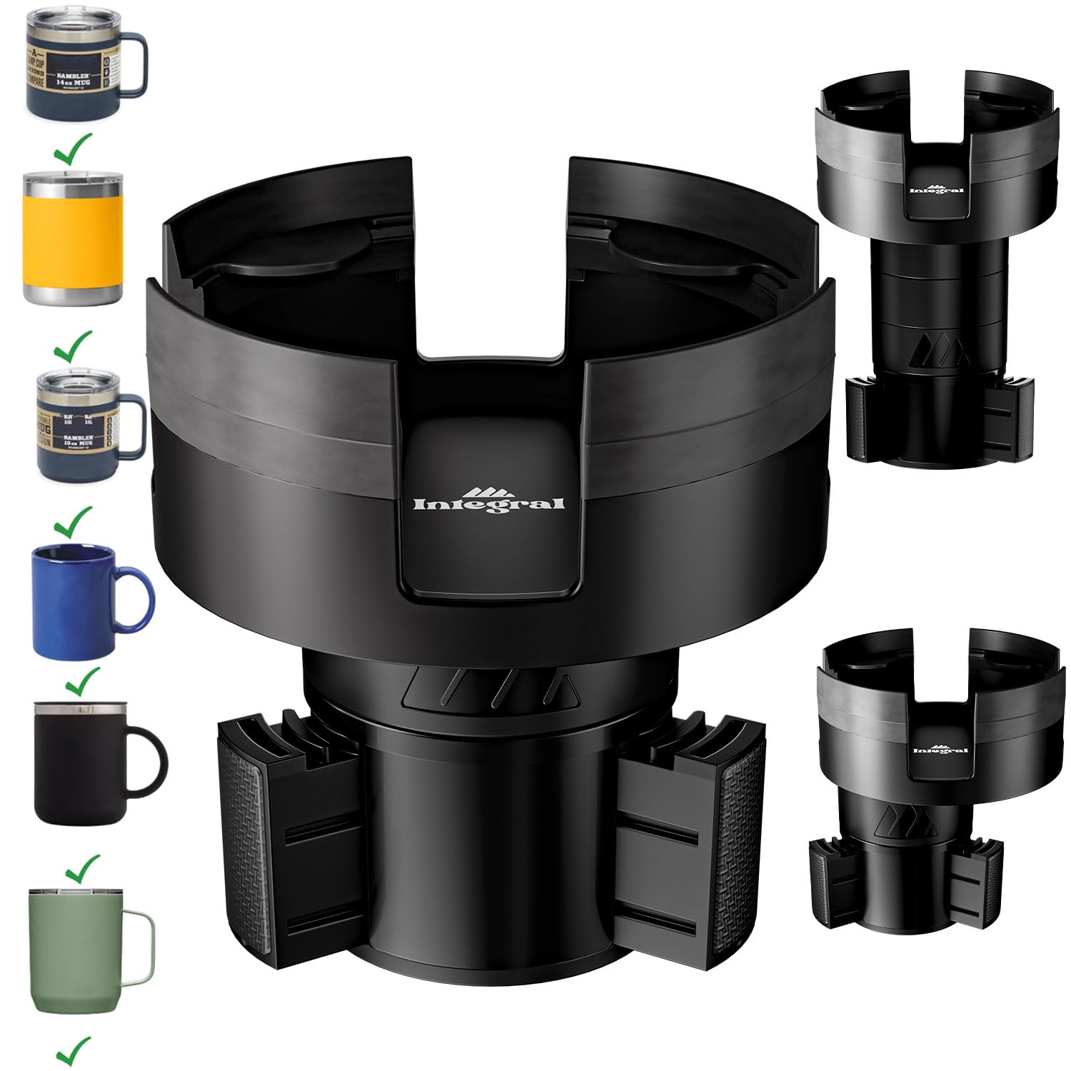 View 1 of Integral Expandable Mug Holder - YETI 14oz Rambler Cup Holder - Car Cup Holder Expander with Adjustable Base - Rubber Tabs Hold Most Coffee Mugs Ramblers 10oz