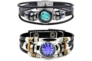 WLL 2Pcs Multilayer Constellation Zodiac Leather Bracelet for Women Men Handmade Woven Zodiac Sign Wrap Wristband Bracelet Couple BFF Birthday Jewelry